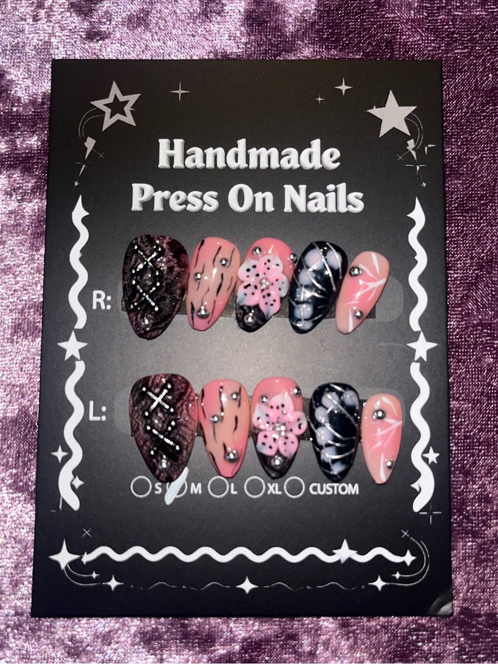 Handmade Pink & Black Press-On Nails